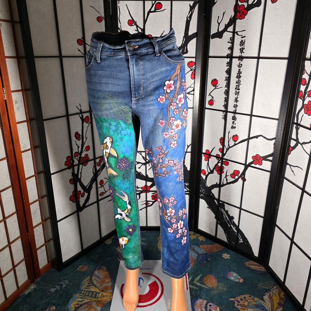 Hand-Painted Custom Jeans – Koi Water Scene & Cherry Blossoms